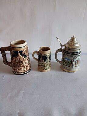 Lot of Mini Stoneware Beer Steins & 1 Ceramic Stein - 1 Pewter Lid - 2 Mug Style